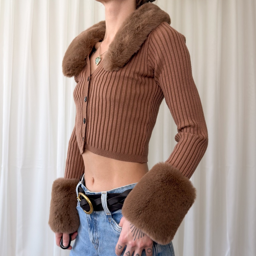 Brown Faux Fur Trim Cardigan Cropped Button Up Fur Collar Cuffs Knit Women's S - Picture 3 of 8